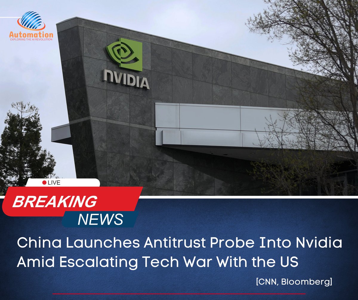 automation_tv's tweet photo. China has launched an antitrust investigation into @nvidia , targeting its #Mellanox acquisition in a major escalation of the #US_China tech war.
Will this deepen global supply chain tensions? ๐
@Bloomberg
@CNN
#automationtv #Nvidia #China #USTechWar #AIChips https://t.co/Y4Mayix3q1