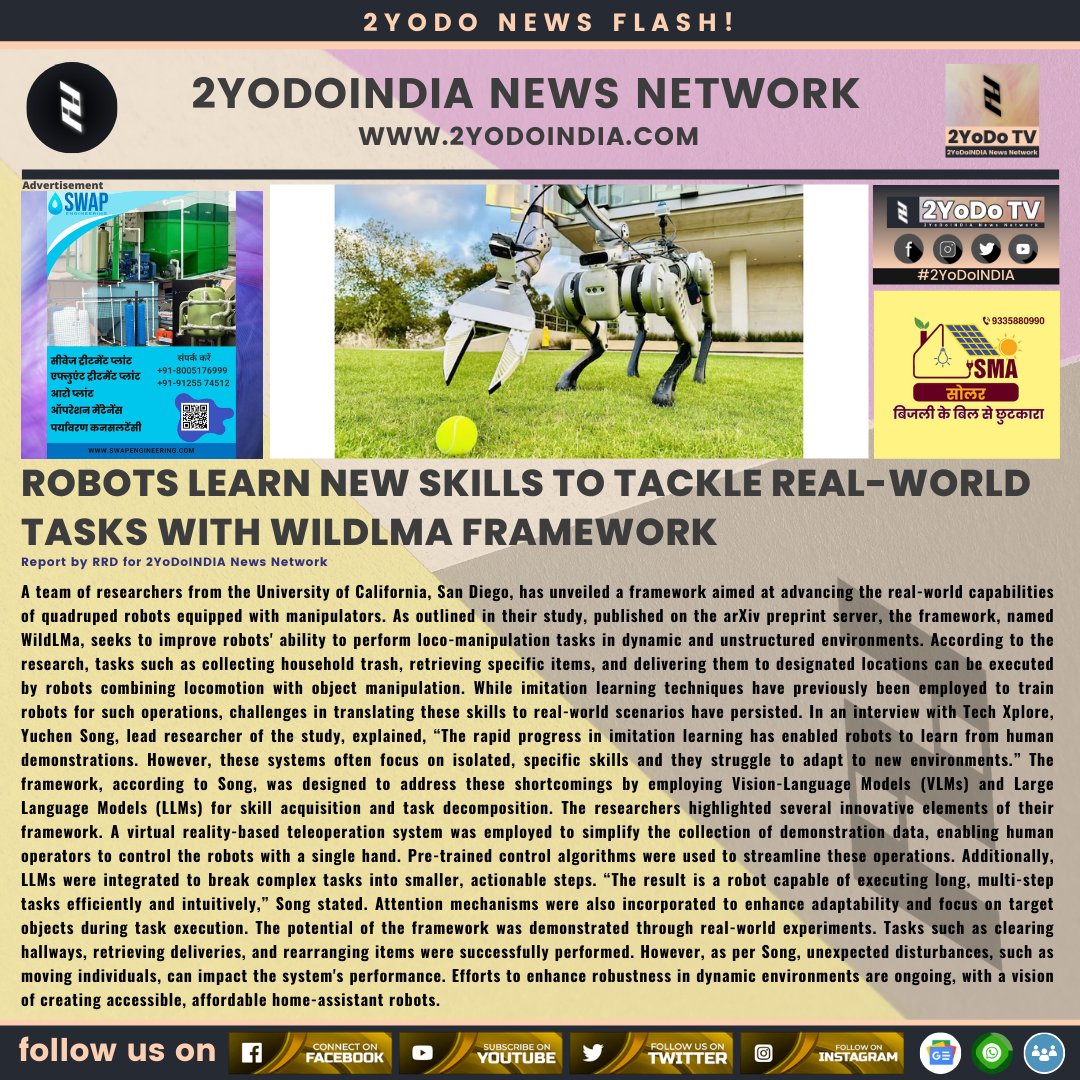 2yodoindia's tweet image. Robots Learn New Skills to Tackle Real-World Tasks with WildLMa Framework

for more news visit 2yodoindia.com

#2YoDoINDIA #WildLMa #QuadrupedRobots #ImitationLearning #LocoManipulation #RobotSkills