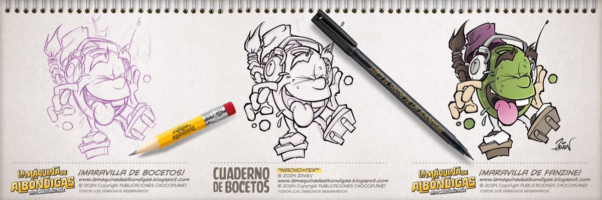 ¡QUEREMOS VER MÁS BOCETOS! y si son de los PERSONAJES del FANZINE de <a href="/comicALBONDIGAS/">La Máquina de Albóndigas</a> ¡MEJOR! Como la “OLIVA MANDALINA” de <a href="/Zaviev_Comic/">Alberto L. Garcia</a> que dibuja en su SERIE DE CÓMIC “NACHO*TEX” ¡MARAVILLA!
¡LÉETE EL #fanzine DE LAS ALBÓNDIGAS!
#lamaquinadealbondigas #leeteunfanzine
#comic
