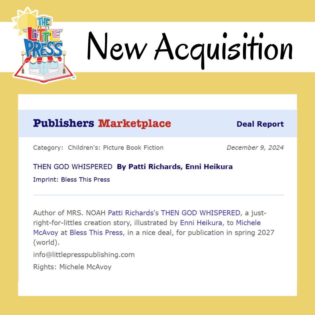 📢New acquisition!  

THEN GOD WHISPERED, written by <a href="/pattigrichards/">Patti Richards</a>
and illustrated by Enni Heikura, is coming in Spring 2027!  

Acquired by <a href="/michele_mcavoy/">Michele McAvoy 🎟📚 (she/her)</a> 
Imprint: Bless This Press