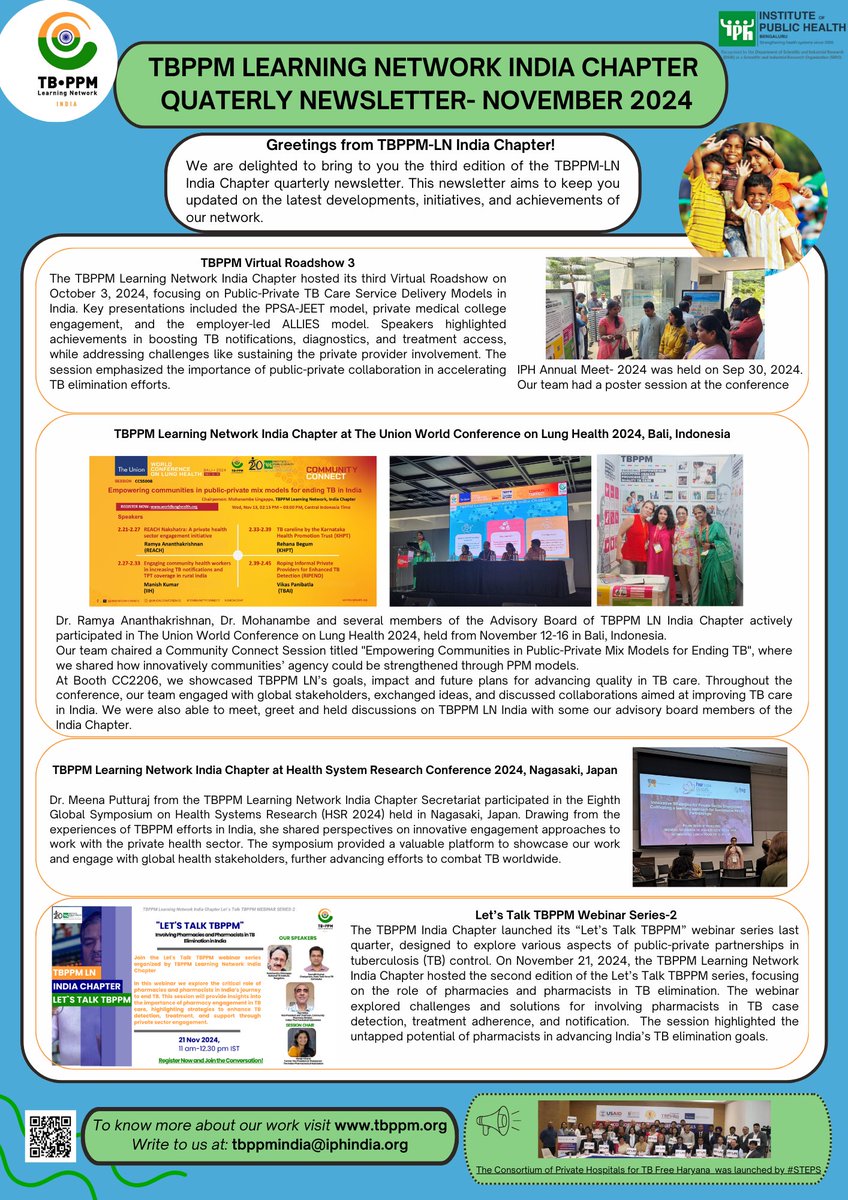 iphindia's tweet photo. Here’s TBPPM`s latest newsletter!
Check out the latest updates, insights, and success stories from the TB Public-Private Mix Learning Network (TBPPM-LN) India Chapter. Your feedback is valuable to us!  #tbppm  #TBFreeIndia #PublicPrivatePartnership

@CHAI_health , @SAATHII , @tbalertindia , @SpeakTB, @IIHIndia , @PATHtweets , @PSIimpact, @FINDdx  , @tb_ppm , @IdefeatTb  ,@tb_ppm , @khpt4change ,  @TBHDJ , @TbDivision , @KNCVTBPlus , @IPA_CPD