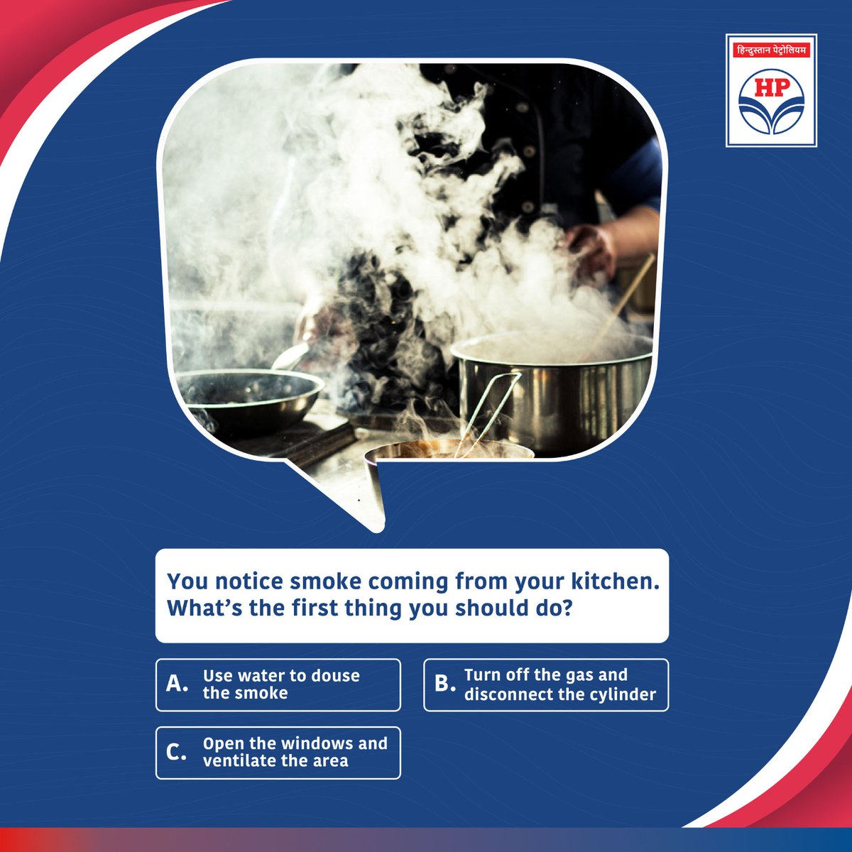 HPCL's tweet photo. Emergencies call for calm and action. What’s your first step when smoke appears in the kitchen? Comment your choice and help spread awareness. #SafetyMatters #GasSafetyTips https://t.co/bSTfJbCQOC