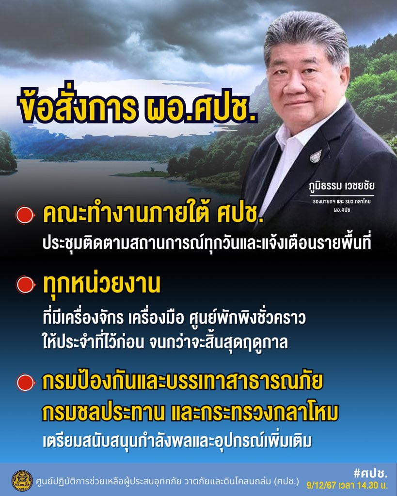 aim_theerarat's tweet photo. ข้อสั่งการ ผอ. ศปช. เตรียมพร้อมรับมือฝนตกหนักในพื้นที่ภาคใต้ 12-16 ธันวาคมนี้ ขอให้ทุกหน่วยงานพร้อมรับสถานการณ์ ซักซ้อมเคลื่อนย้ายไปศูนย์พักพิงชั่วคราวจุดที่ใกล้บ้านพักอาศัย ติดขัดหรือมีปัญหาติดต่อ 1784 หรือส่งข้อความมาทางนี้ได้ค่ะ #ศปช https://t.co/jG1ncGvT4c