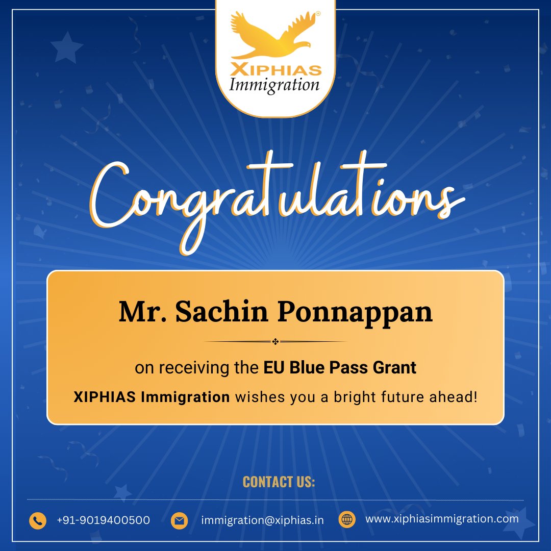 XiphiasInfo's tweet image. Congratulations, Mr. Sachin Ponnappan, on receiving the EU Blue Pass Grant. XIPHIAS Immigration wishes you a bright future ahead!

#XIPHIAS #Congratulations #europe #europevisa