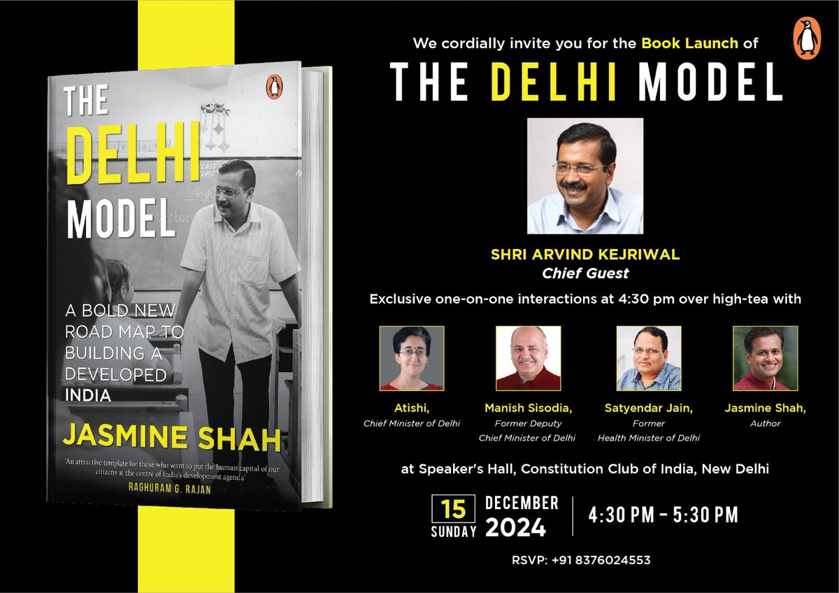 Jasmine Shah (@jasmine441) on Twitter photo The countdown begins ๐
My first book 'The Delhi Model: A Bold New Road Map to Building a Developed India' published by <a href="/PenguinIndia/">Penguin India</a> will be officially launched in Delhi on 15th Dec at 4:30 pm by former Delhi CM <a href="/ArvindKejriwal/">Arvind Kejriwal</a>.
Pre-order link: amazon.in/dp/0143472135 The countdown begins ๐
My first book 'The Delhi Model: A Bold New Road Map to Building a Developed India' published by <a href="/PenguinIndia/">Penguin India</a> will be officially launched in Delhi on 15th Dec at 4:30 pm by former Delhi CM <a href="/ArvindKejriwal/">Arvind Kejriwal</a>.
Pre-order link: amazon.in/dp/0143472135