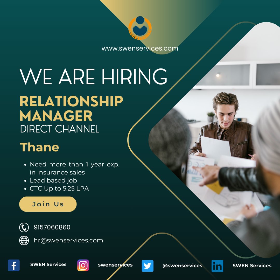 Swenservices's tweet photo. #hiring #hiringalert #directchannel #opentowork
Position :: Relationship Manager
CTC :: Up to 5.25 LPA + Incentives
Location :: Thane
Channel :: Direct Channel
Need more than 1 year exp. in any insurance sales
Call or share your resume on 9157060860 for more details.
#thanejobs https://t.co/x1uqYrG2Nz