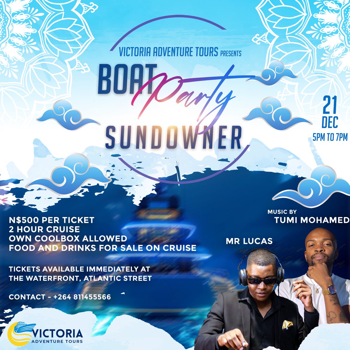 Mr_Lucas708's tweet photo. I thought of an idea, and I am actually doing it ! 

Catch me LIVE, on the Lady Victoria cruise !  N$500 gets you a ticket. Exclusive event, exclusive I tell you ! 21 Dec , Walvis Bay I am coming home with a bang ! https://t.co/CIUG5O1rn0