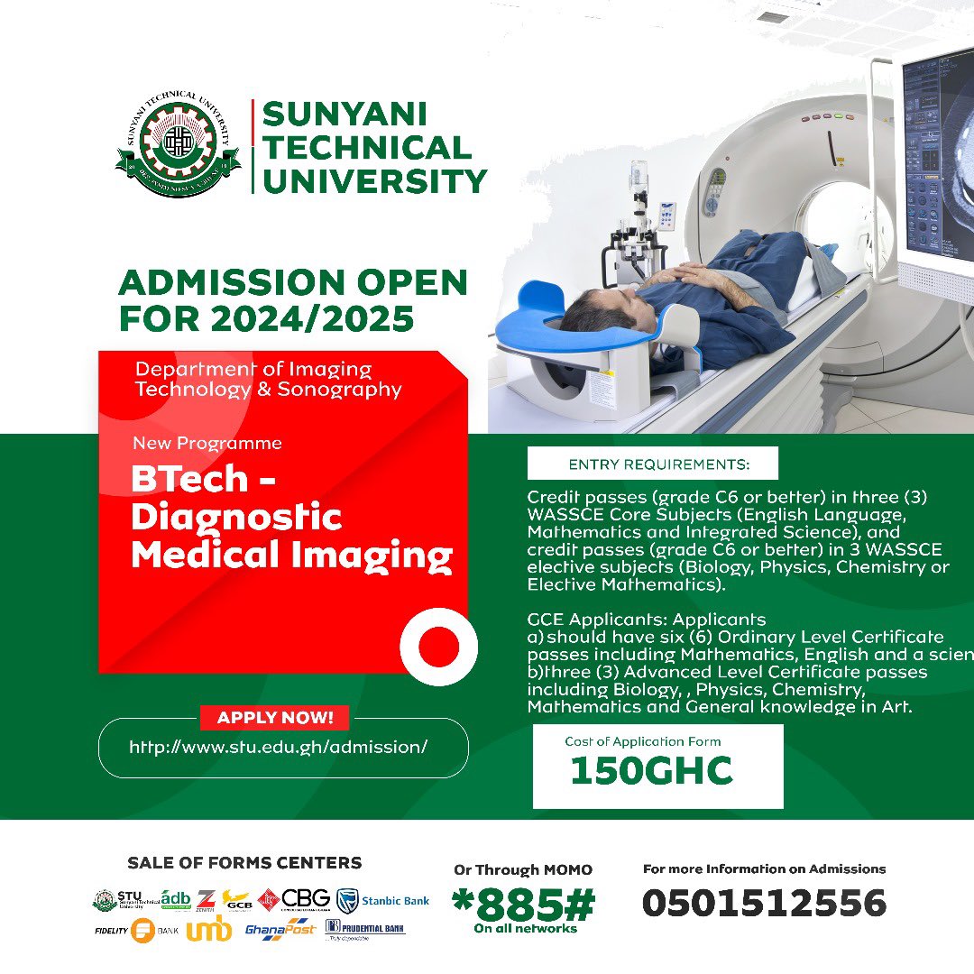 stu_today's tweet photo. Sunyani Technical University has launched a new program: Bachelor of Technology (BTech) in Diagnostic Medical Imaging, offered by the Department of Imaging Technology and Sonography!
#STU
#sunyanitechnicaluniversity
#STUSRC https://t.co/nMfdtdgfro