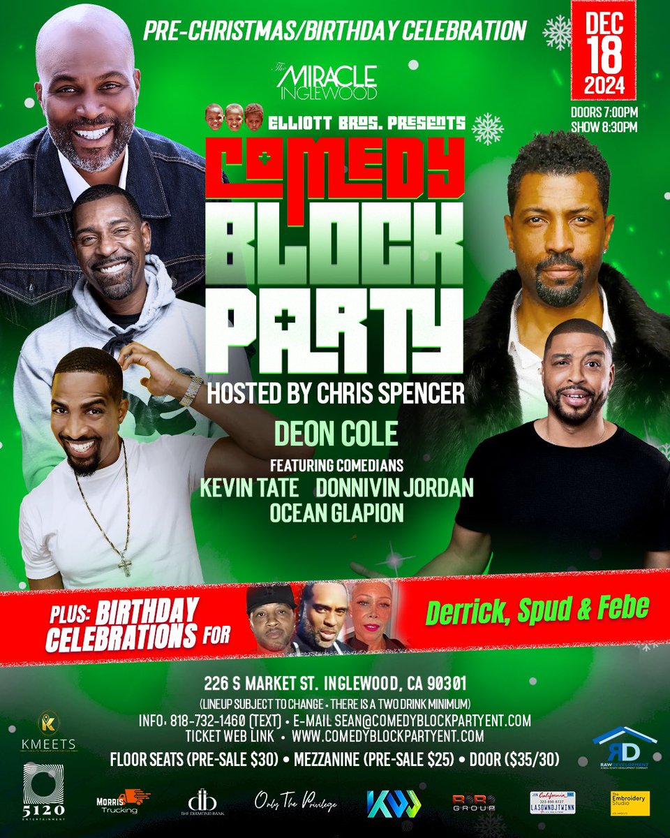 Sean (@elliottbrosent) on Twitter photo Purchase your Pre-Sale ticket: comedyblockpartyent.com
<a href="/comedygrind3/">Elliott Brothers Entertainment</a> @comedy_block_party is bringing that heat. Hosted by <a href="/thechrisspencer/">chris spencer</a> <a href="/deoncole/">DEON COLE</a> <a href="/DonnivinJordan/">Donnivin Jordan</a> <a href="/OceanLive/">Ocean Glapion</a> #letsgo #comedy <a href="/MiracleOnMarket/">The Miracle Inglewood</a> <a href="/baboutbizness/">D.Elliott</a> Purchase your Pre-Sale ticket: comedyblockpartyent.com
<a href="/comedygrind3/">Elliott Brothers Entertainment</a> @comedy_block_party is bringing that heat. Hosted by <a href="/thechrisspencer/">chris spencer</a> <a href="/deoncole/">DEON COLE</a> <a href="/DonnivinJordan/">Donnivin Jordan</a> <a href="/OceanLive/">Ocean Glapion</a> #letsgo #comedy <a href="/MiracleOnMarket/">The Miracle Inglewood</a> <a href="/baboutbizness/">D.Elliott</a>