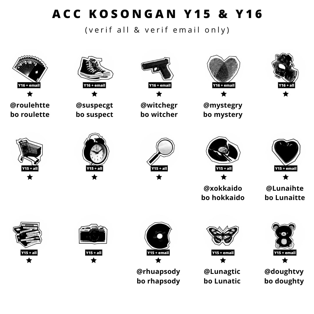WTS ACC KOSONGAN Y15 &amp; Y16

💰 8.5OO (email only)
💰 10.5OO (verif all)

๑ go green
๑ masuk mt, ht dimainin dulu
๑ dapet email dan password 

*take? Dm