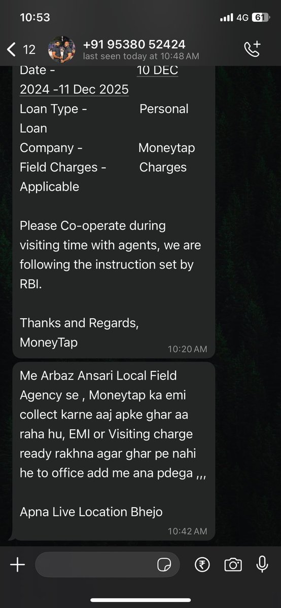 SunilV1213's tweet photo. @MoneyTapApp Please address: Received no formal mail about a field visit, just an unprofessional WhatsApp from your agent. If I had EMI funds, why endure harassment? What’s the basis for ‘field visit charges’? Urgent clarity needed! @RBI #FairRecovery #RBIComplaint https://t.co/es633wMjNA