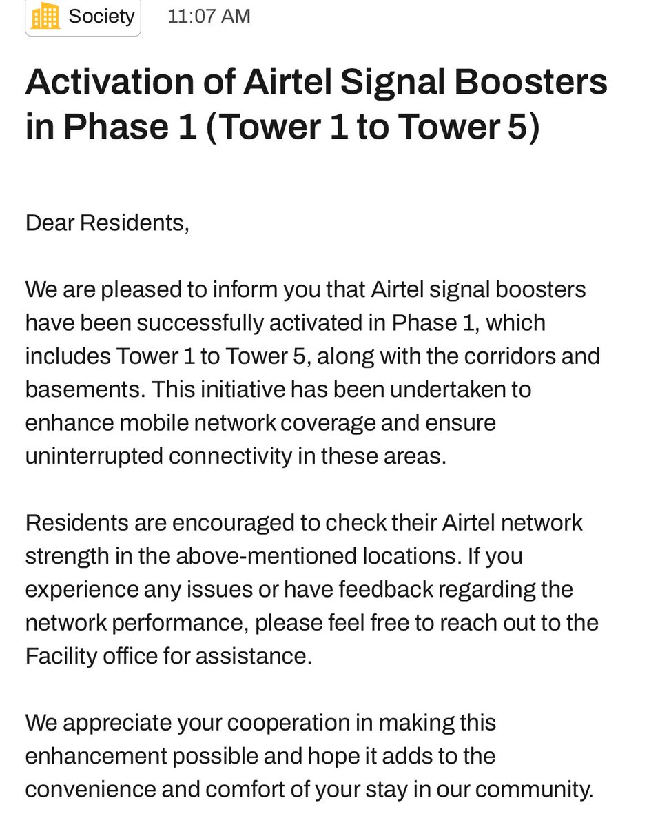 PankajGuptaIND's tweet photo. @JioCare Finally @airtelindia has done it and singal boosters are activated in the community of 2680+ flats. 

You lost business due to incompetence and laziness @reliancejio 
You will see the bulk port out requests now. https://t.co/4sAGIW5i3b