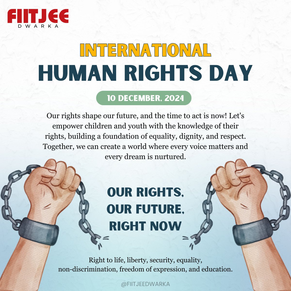 FiitjeeDwarka's tweet photo. Human Rights Day |

Empower youth with knowledge of their rights for equality, dignity, and respect.

Right to life, liberty, equality, and education.
Our Rights, Our Future, Right Now.
📍@fiitjeedwarka

#HumanRightsDay #OurRightsOurFuture https://t.co/QAtpoVTZPt