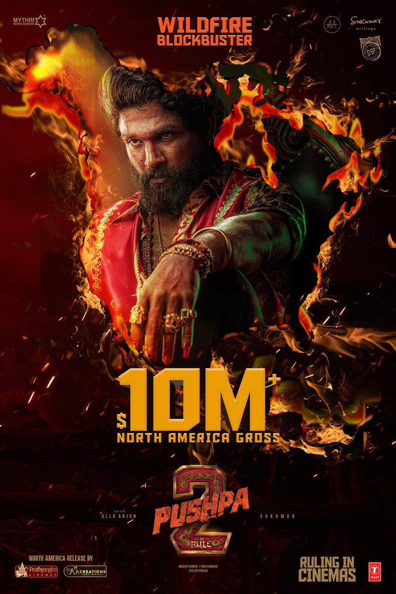 PushpaMovie's tweet photo. #Pushpa2TheRule conquers North America with $10M+ gross and counting 💥💥

A wildfire that’s ruling screens and hearts alike! 🧨

#AlluArjun  #Pushpa2  #AssaluThaggedhele  #WildFirePushpa https://t.co/s1JT5Tzny3