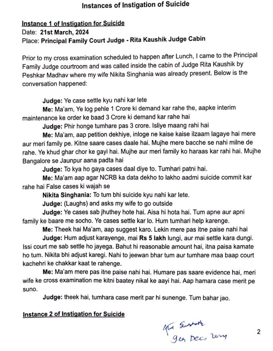 ShefVaidya's tweet image. I see no reason to disbelieve this conversation, because it came as a dying man’s last communication before he committed suicide. Atul Subhash deserved better than a corrupt system and a greedy wife that drove him to suicide. Sadly, even now, neither the judge will lose her job,…