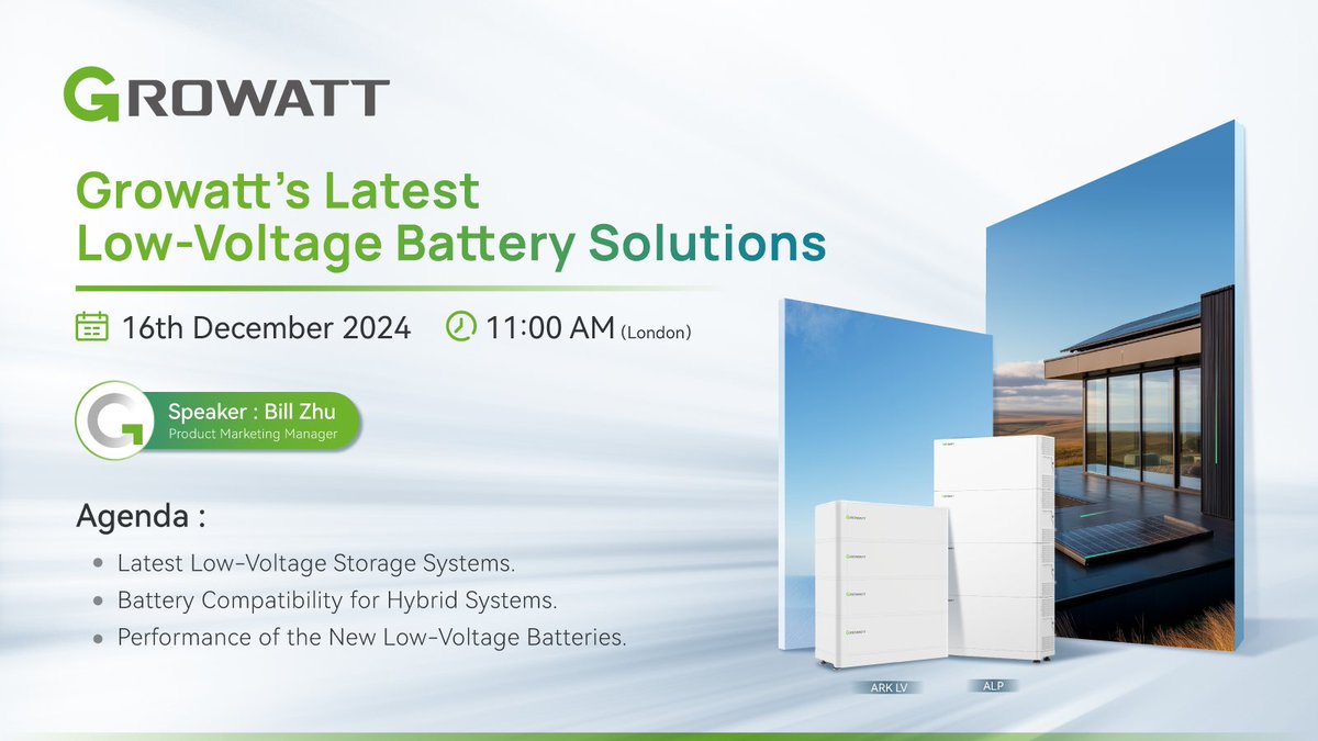 GrowattInverter's tweet photo. Calling all UK solar professionals, join us for an exclusive webinar on Growatt's latest low-voltage battery solutions! Don't miss this opportunity to stay ahead in the UK's evolving energy landscape: https://t.co/zC4Be3H9NP #GrowattWebinar #SmartEnergy #UKSolar #SolarTraining https://t.co/zKnEsd6FJf