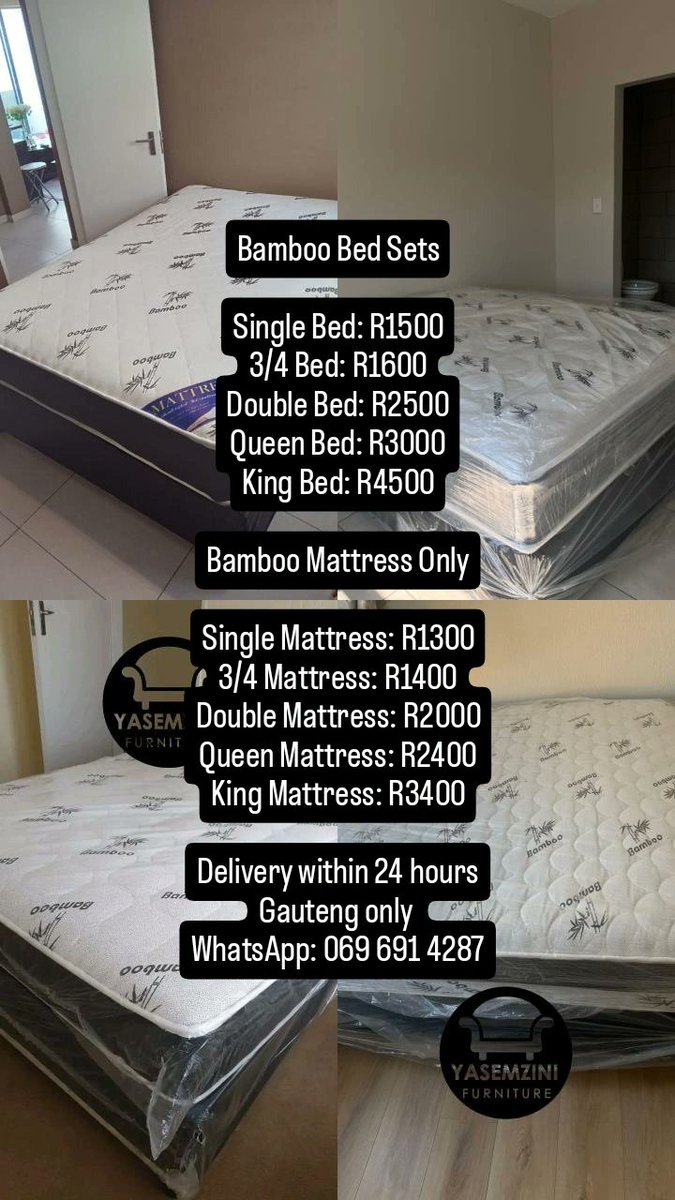 YasemziniLiving's tweet photo. New Bamboo Beds and Mattresses

🚛 Delivery within 24 hours 
💳 Pay and receive 
📍 Gauteng only 
📱 WhatsApp: 069 691 4287

Soshanguve Khwezi Uncle Waffles nutrifresh Polokwane City Owami Grace Condolences Peter Ndlovu Kaizer Chiefs Lucky Dube Julius Malema Nancy #ilulaBus Amen https://t.co/NoNhWQ5wBO