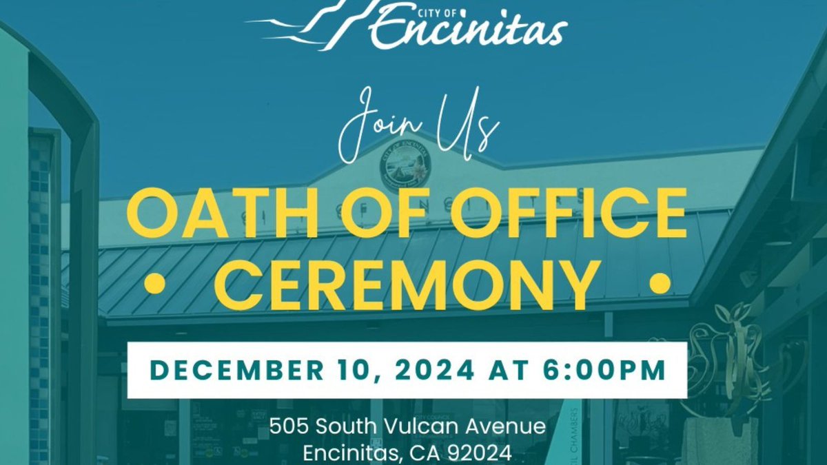 Join Us, December 10th for the Special City Council Meeting!
The City will be honoring the outgoing Council Members and swearing in our newly elected officials  Starts at 6PM. City hosted reception following. Let’s celebrate
@jimohara4encintas  @shaffer4encinitas