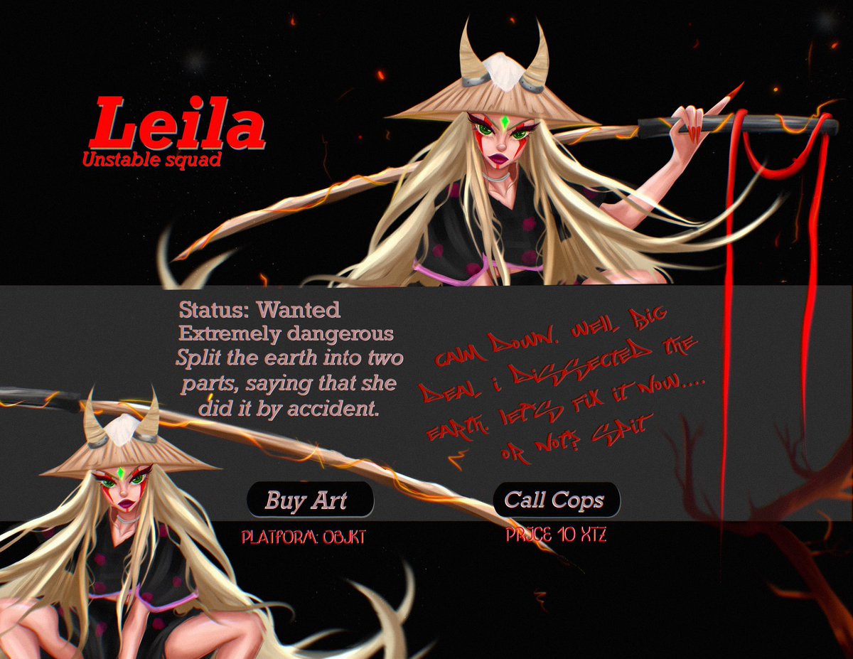 xdtr_art's tweet photo. Special skills: no.
Mental state: hot-tempered, irritable.
Leila 💥 Unstable squad
7/10 10 xtz
#TEZOSTUESDAY #tuesdaytezos #tezoscommunity https://t.co/7qSKnniZZY