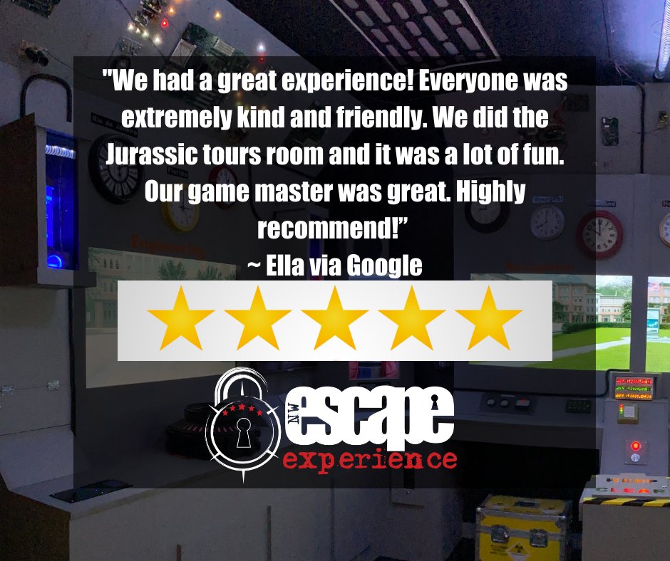 NW_Escape's tweet photo. We greatly appreciate your review!

#5starreview #nwescapeexperience #escaperoom #escapegame #vancouverwa #vancouverwashington #pdx #jurassictours https://t.co/K8E6Ne2MCc