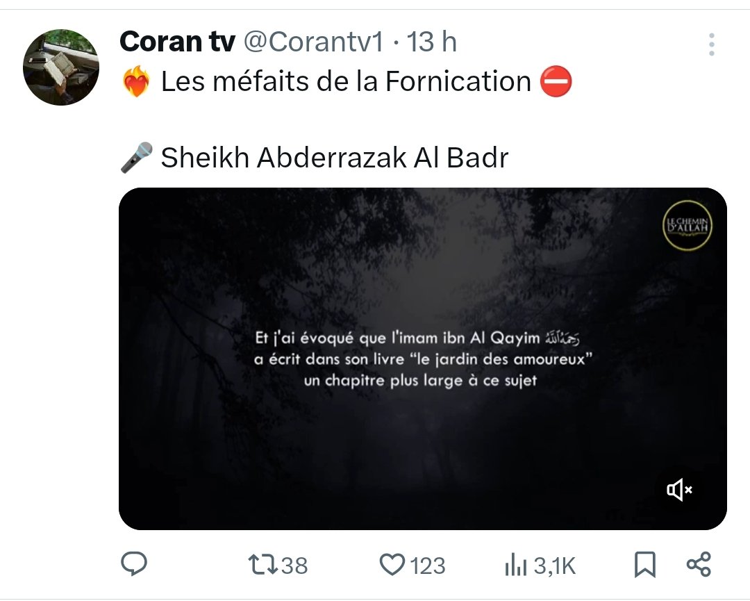 Corantv1's tweet photo. J'ai créé cette chaîne dans le seul but de faire une sadaqa Jariya alors n'hésitez surtout pas à partager.

Je rappelle que le  Messager d’Allah ﷺ a dit:

« Celui qui montre un bien a la même récompense que celui qui l'a fait » 

📚 [Rapporté par Mouslim dans son Sahih n°1893] 📚