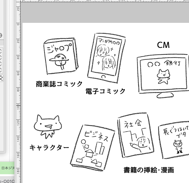 イラスト漫画ってこんなにジャンルがあるんだよ〜って伝えたいけど、実物の画像は著作権的にアウトかなって思って描いたけど、、伝わるか?これ 