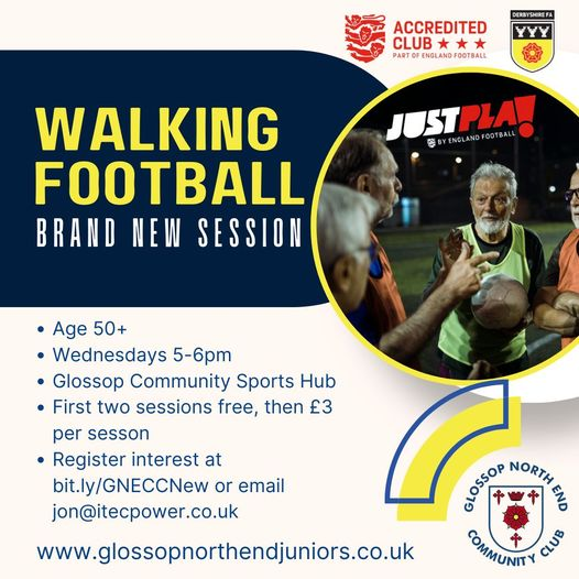 glossopfootball's tweet photo. ⚽️MEN'S WALKING FOOTBALL (50+)⚽️

Looking to get back into exercise? Join our new Men's
Walking Football sessions, Wednesdays 5-6pm at #Glossop Community Sports Hub. A fun,
low-impact way to stay active &amp; enjoy the game!

First session FREE, sign up here: https://t.co/AsstLFfysI https://t.co/OD3eMWd0ni