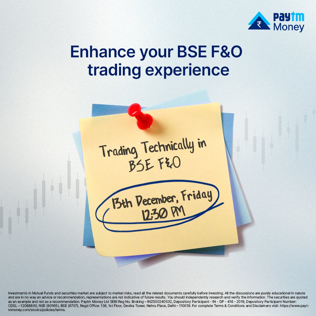 PaytmMoney's tweet photo. Join Manish Shah, Trader, Trainer, and Columnist, as he guides you through "Trading Technically in BSE F&O". Learn key strategies to trade with confidence in the dynamic F&O market.

🗓️ Mark your calendars!

Register now: https://t.co/9atOw9L5TL

#LearnWithPaytmMoney #PaytmMoney #FnO #BSEFnO #FuturesandOptions #BSE