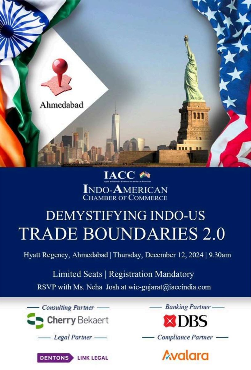 iaccindia's tweet photo. Final Call: Don't miss your chance to join the much-awaited IACC program, Demystifying Indo-US Trade Boundaries 2.0, happening in Ahmedabad!

Dive into exclusive insights on cross-border trade and global business growth. Seats are filling fast — Register Now - https://t.co/i5bmeRgj2m.

Venue: @hyattregency, Ahmedabad
Date: December 12, 2024 
Time: 9:30 AM

Let’s redefine trade opportunities together!

#IACC #TradeBoundaries #USIndiaRelations #GlobalBusiness #CrossBorderTrade #BusinessGrowth #AhmedabadEvents #NetworkingOpportunities #TradeSummit #SMEGrowth #EconomicPartnership #BusinessExpansion #TradeEvent2024 #GlobalCollaboration #Entrepreneurship #InternationalTrade #EconomicGrowth #BusinessLeaders #GlobalNetworking #TradeOpportunities

@CherryBekaert @dbsbank @DBSBankIndia @Dentons @avalara @AvalaraIndia @OberoiTps @VivekNathwani @swetakhandwala @JAYESHPARIKH007 @HyattRegencyAhm