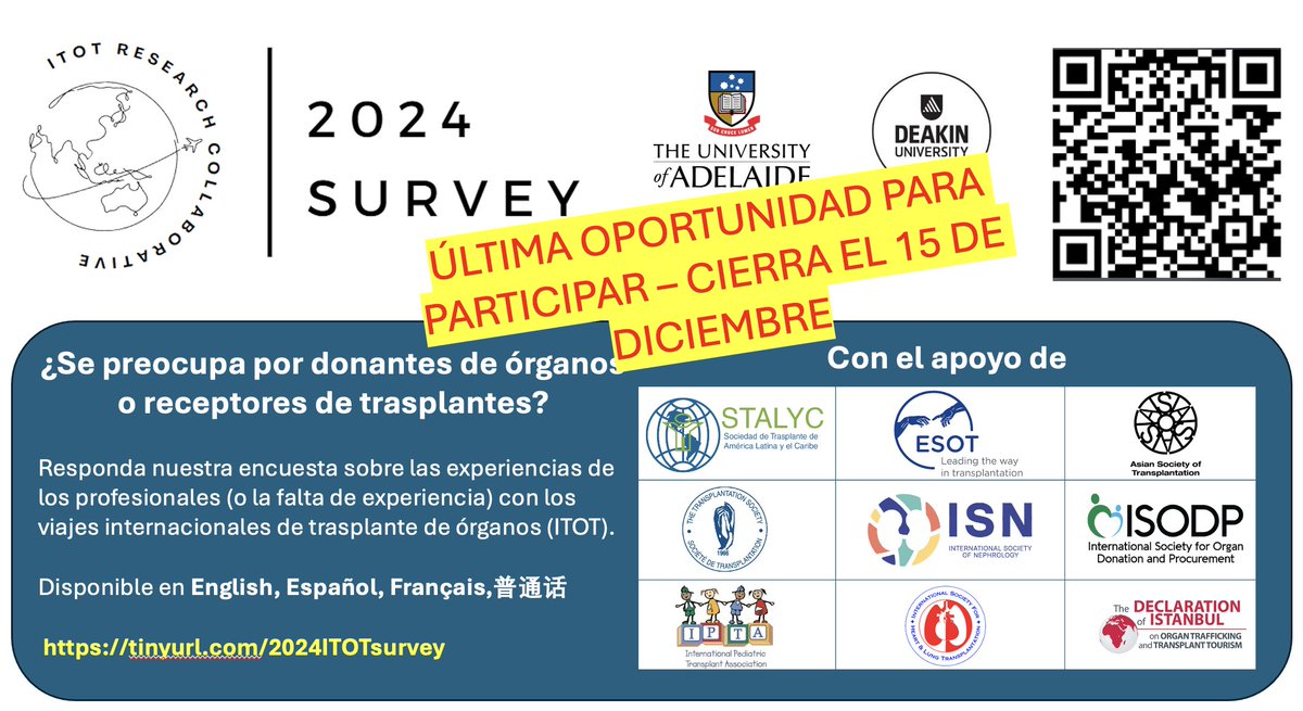 QUEDA 5 DIAS para participar en encuesta de profesionales de #trasplantes. Si brindas atención a donantes o receptores, ¡participa y compártelo ampliamente🙏! NO se requiere experiencia con viajes para trasplante! tinyurl.com/2024ITOTsurvey