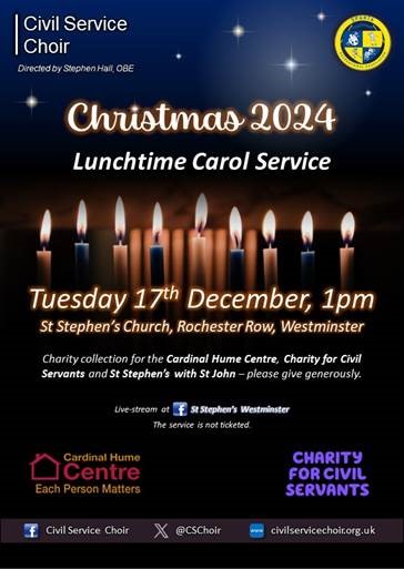 We'd like to invite you to <a href="/CSChoir/">Civil Service Choir</a>'s Christmas Carol Service on 17 December. This fantastic free event will really get you in the festive spirit as well as raising money for fantastic charities - Charity for Civil Servants, <a href="/CardinalHumeCHC/">Cardinal Hume Centre</a> and St Stephen's with St John 🎄