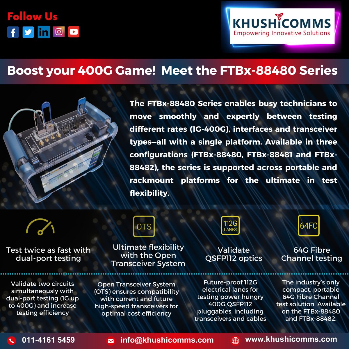 Khushicomms1's tweet photo. The FTBx-88480 Series is a high-performance test solution designed to validate and troubleshoot high-speed optical networks, particularly for 400G testing.

#400G #network #OpticalNetworking #DualPortTesting #HighSpeedNetworks #TransceiverTesting #DataCenterTesting #OTNTesting https://t.co/6tBYF2I16g