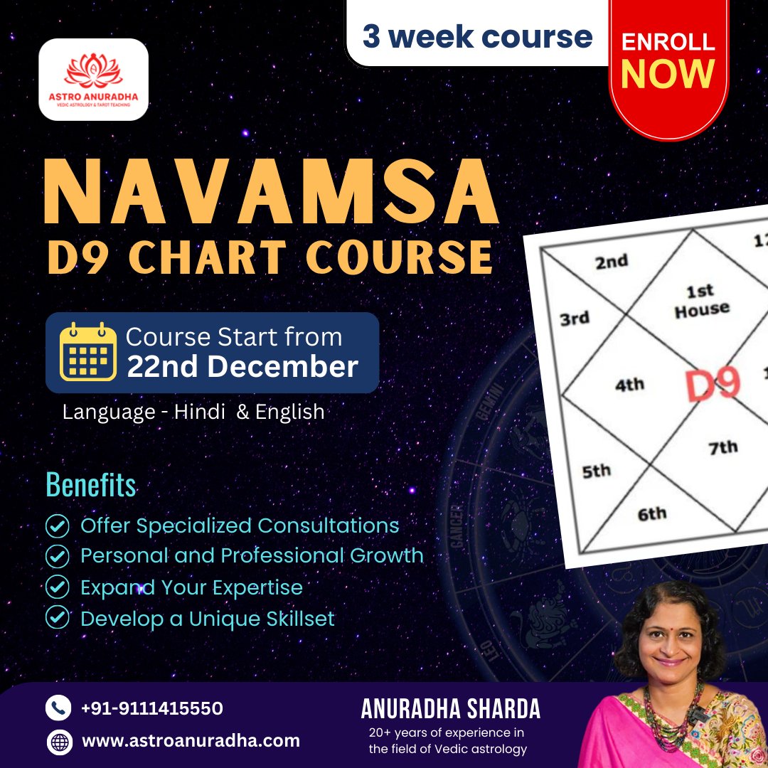 ShardaAnuradha's tweet photo. Master the Navamsa D9 chart with Astro Anuradha! Join the 3-week course starting 22nd December in Hindi & English. Enroll now to expand your astrological expertise!
#NavamsaCourse #D9Chart #AstroAnuradha #VedicAstrology #AstrologyCourses #LearnAstrology #NavamsaChart https://t.co/7Acp122qRL