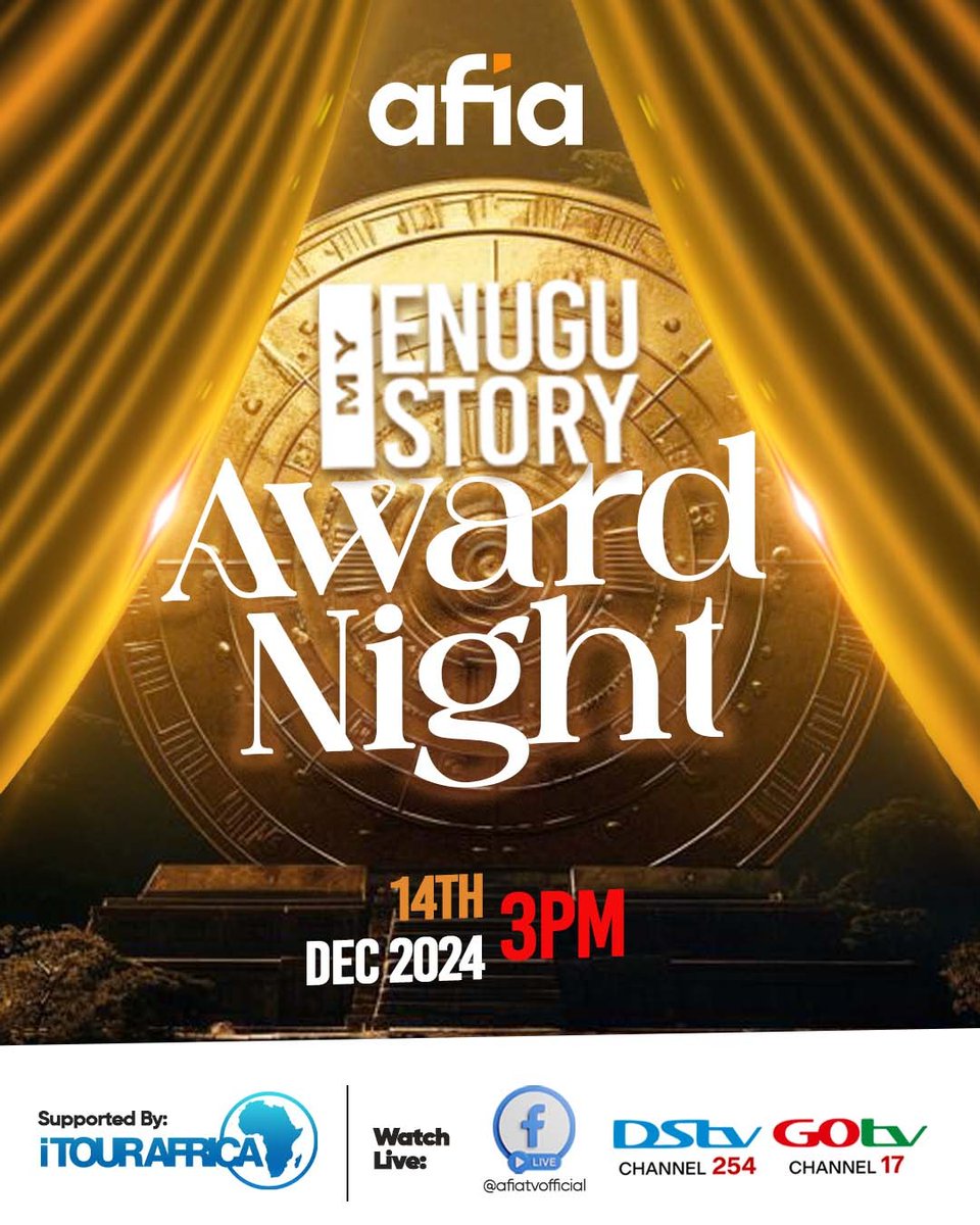 The My Enugu Story Award Night is here!
 Date: 14th Dec 2024
 Time: 3 PM

Get ready for artist performances, inspiring stories, and amazing prizes! 
 Watch live on Afia TV (DSTV 254 &amp; GOTV 17) or @afiatvofficial on Facebook.

#MyEnuguStory #AfiaTV #AwardNight