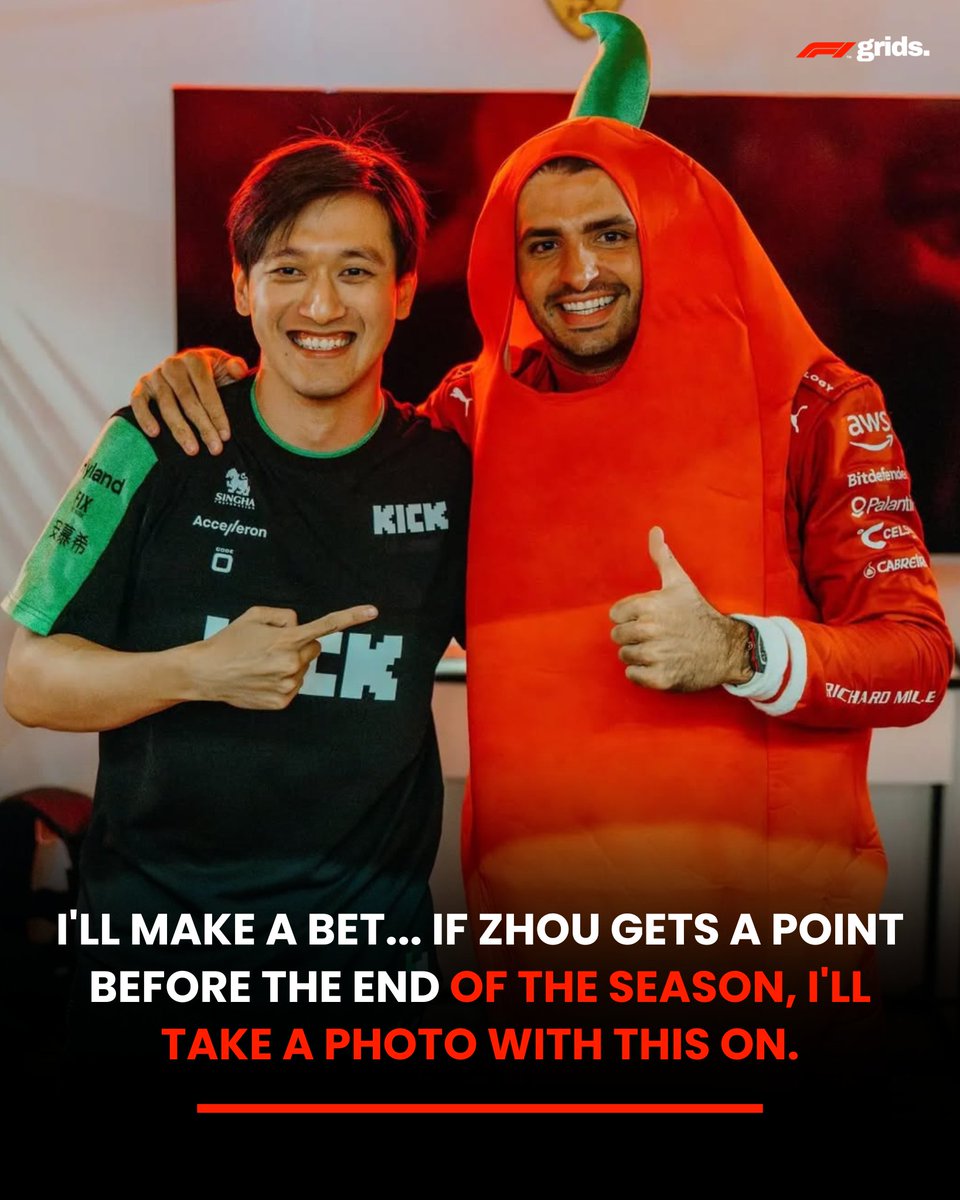 F1gridx's tweet photo. "Spicy bet fulfilled 🌶️
Carlos Sainz kept his word and wore the chili outfit after Zhou Guanyu scored points this season! A man of his word 😅🔥
#CarlosSainz #F1Humor #KeepingPromises" https://t.co/3suTlWknQs