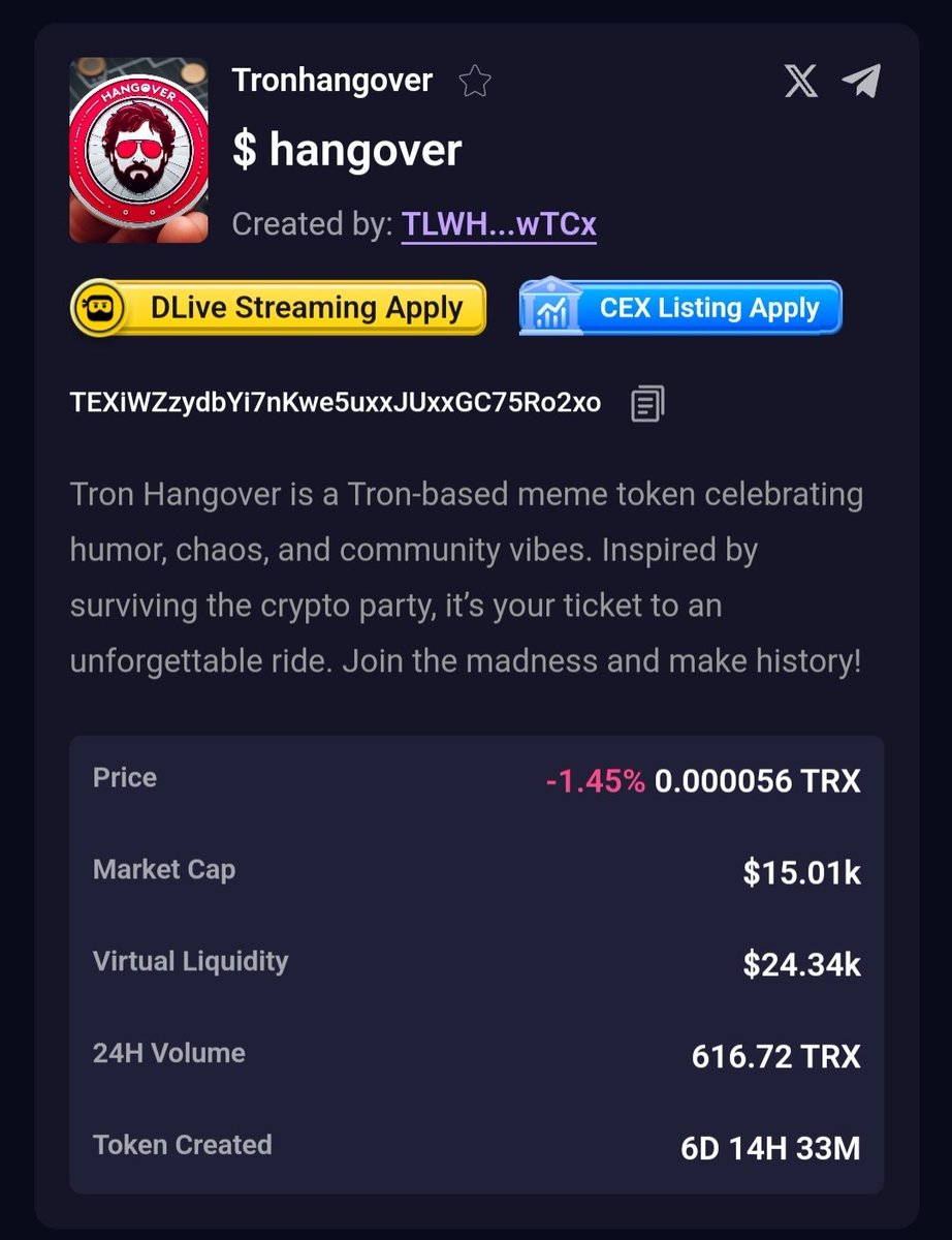 Tron_Hangover's tweet photo. Bookmark it, you will be surprised with numbers when the real cycle begins. So buy now and hold it. #trx #memecoin gonna blow up soon. And Tron Hangover is one of the wildest name on the chain, this will sky rocket with the time 🚀 https://t.co/G39rDb9caX