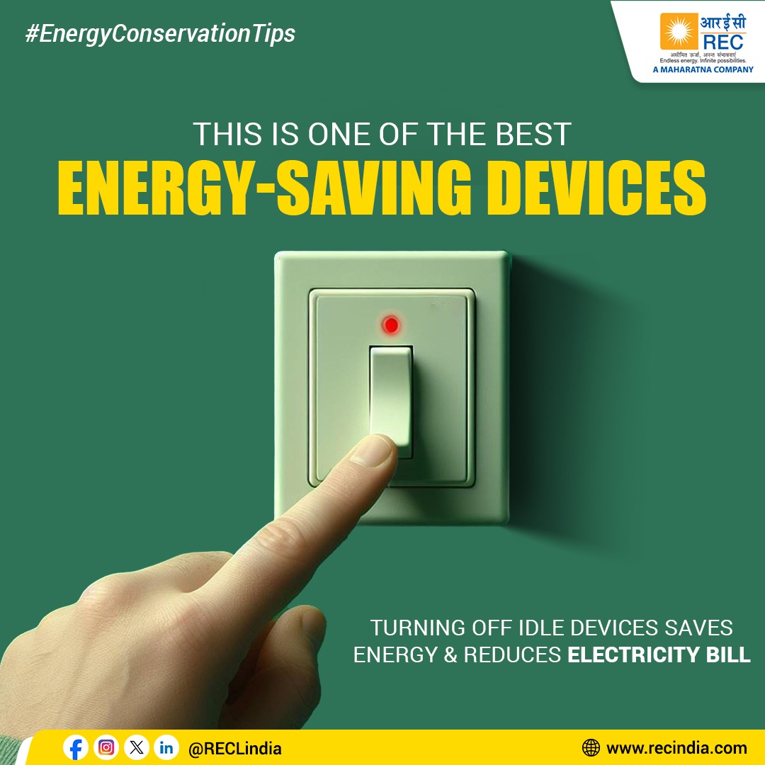 RECLindia's tweet photo. The small steps that we take today can have a big impact on our future. Simply switching off idle devices can significantly reduce energy wastage and help in conserving energy for more important purposes.

Save energy and secure the future of our planet!

#EnergyConservationTips #ActNow #BeTheChange
#SwitchOffSaveEnergy #EnergyMatters #RECLimited

@MinOfPower @mlkhattar @officeofpower @Dnandinit @shripadynaik @manoj445001 @narayanantbjp @DrGambheer