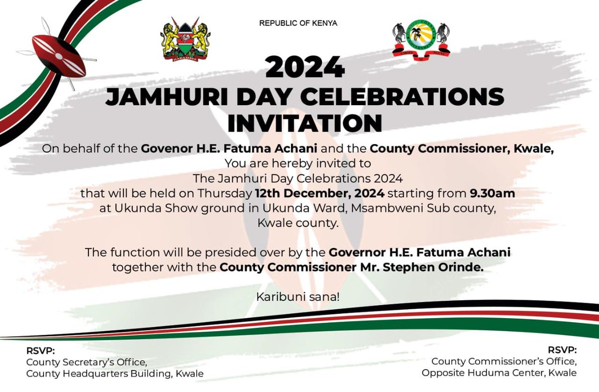 Sherehe ya Jamhuri ya mwaka huu itafanyika UKUNDA SHOWGROUND,Msambweni Sub-County.