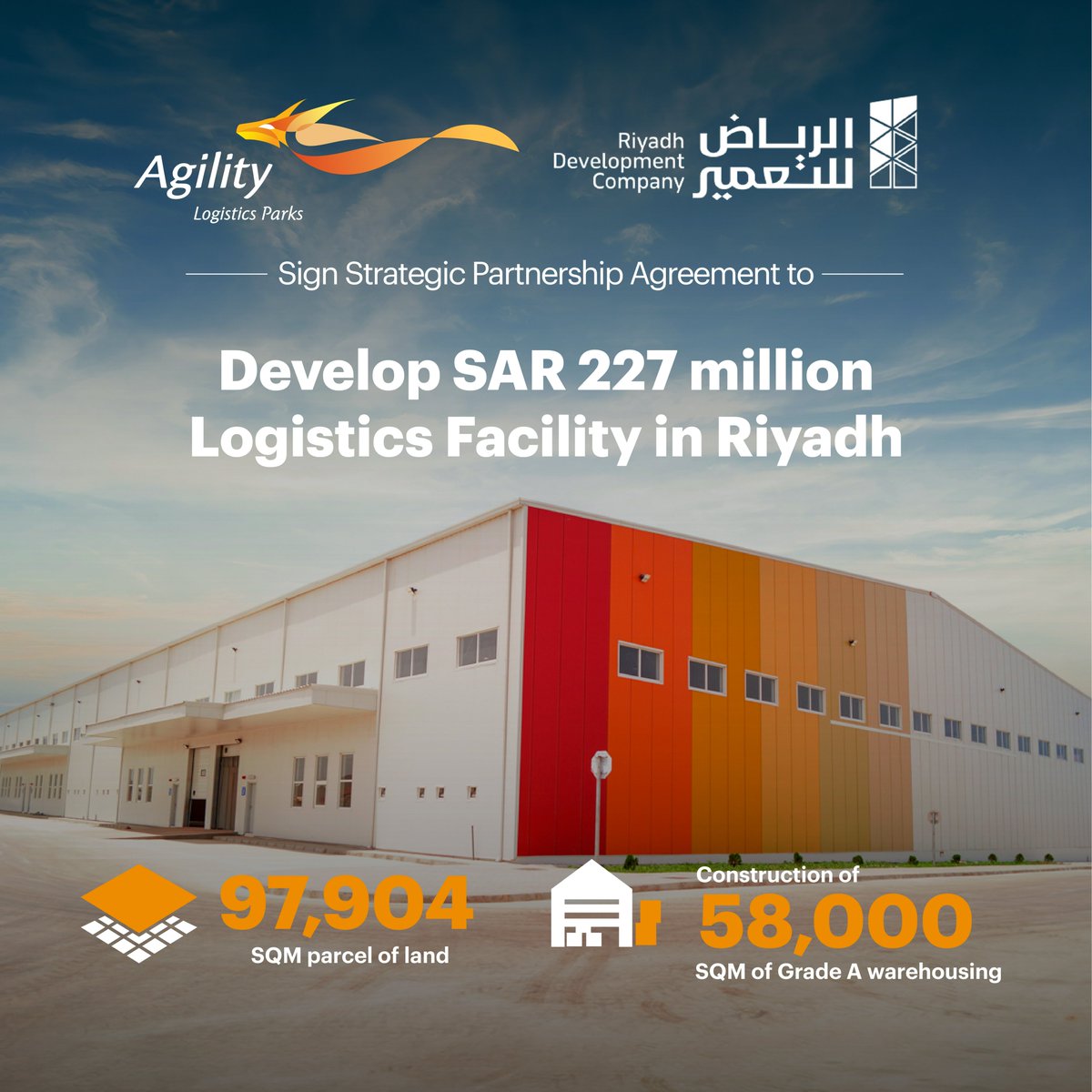 Agility (@agility) on Twitter photo .<a href="/RiyadhDevSA/">شركة الرياض للتعمير</a> and Agility Logistics Parks announce the signing of a strategic partnership to develop an integrated #logistics facility in Riyadh's Al Rimal district. The project spans 97,904 sqm and includes the construction of 58,000 sqm of state-of-the-art Grade A warehouses. .<a href="/RiyadhDevSA/">شركة الرياض للتعمير</a> and Agility Logistics Parks announce the signing of a strategic partnership to develop an integrated #logistics facility in Riyadh's Al Rimal district. The project spans 97,904 sqm and includes the construction of 58,000 sqm of state-of-the-art Grade A warehouses.