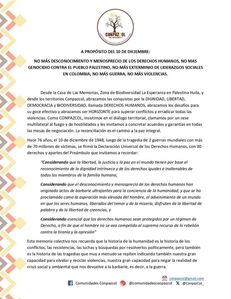 ConpazCol_'s tweet photo. #DDHH | Este 10 de diciembre, Día de los Derechos Humanos, decimos:
📢 No más violaciones a los Derechos Humanos.
✊ No más genocidio contra el pueblo palestino.
🕊️ No más exterminio de liderazgos sociales en Colombia.
No más guerra, no más violencias. 

¡Es tiempo de paz, justicia y dignidad!