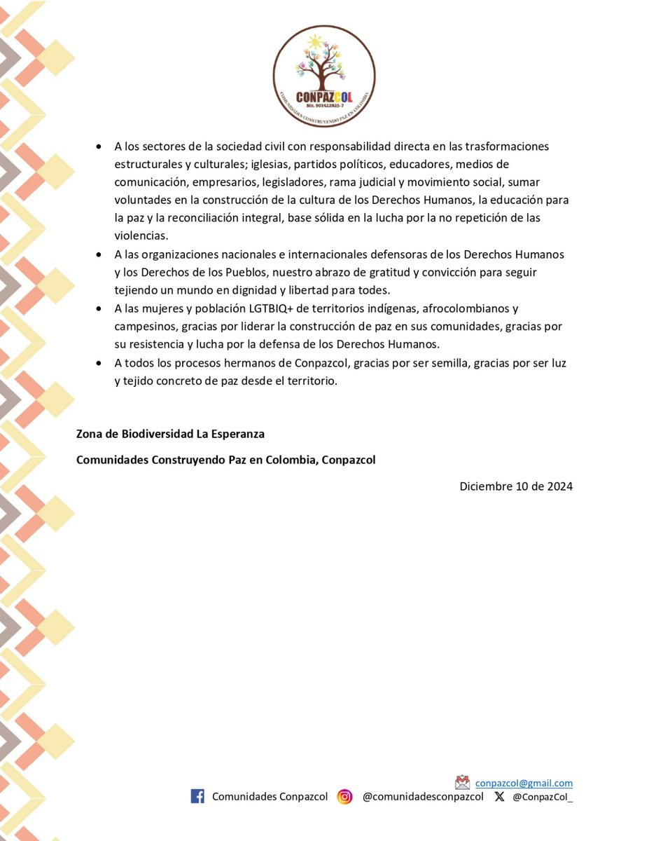 #DDHH | Este 10 de diciembre, Día de los Derechos Humanos, decimos:
📢 No más violaciones a los Derechos Humanos.
✊ No más genocidio contra el pueblo palestino.
🕊️ No más exterminio de liderazgos sociales en Colombia.
No más guerra, no más violencias. 

¡Es tiempo de paz,