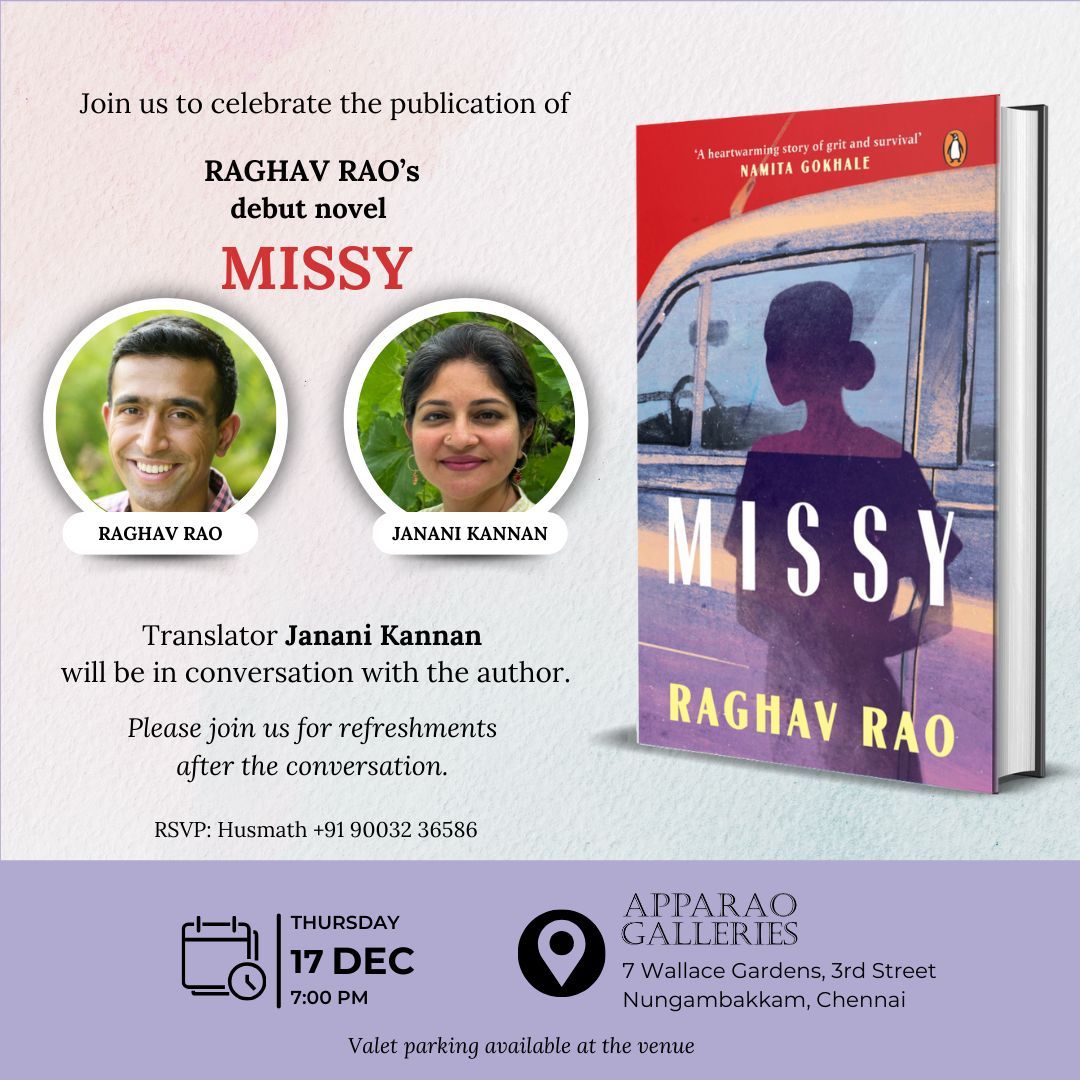 🌟 Excited to celebrate Missy with all of you! 🌟

📅 Thursday, 17th December
⏰ 7:00 PM
📍 Apparao Galleries, Nungambakkam, Chennai

Join me for a conversation with the amazing Janani Kannan about my debut novel, Missy. Refreshments follow! 🥂

Hope to see you there!