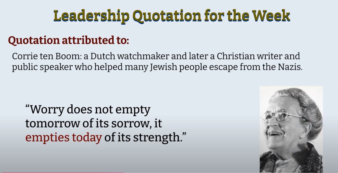 LeadExcel's tweet image. 🌟 Leadership Quote &amp;amp; Tip of the Week 🌟
“Worry does not empty tomorrow of its sorrow, it empties today of its strength.” - Corrie ten Boom

Watch the video to get our leadership tip of the week! vist.ly/3mpieqs

#Leadership #Mindfulness #CorrieTenBoom #MentalHealth