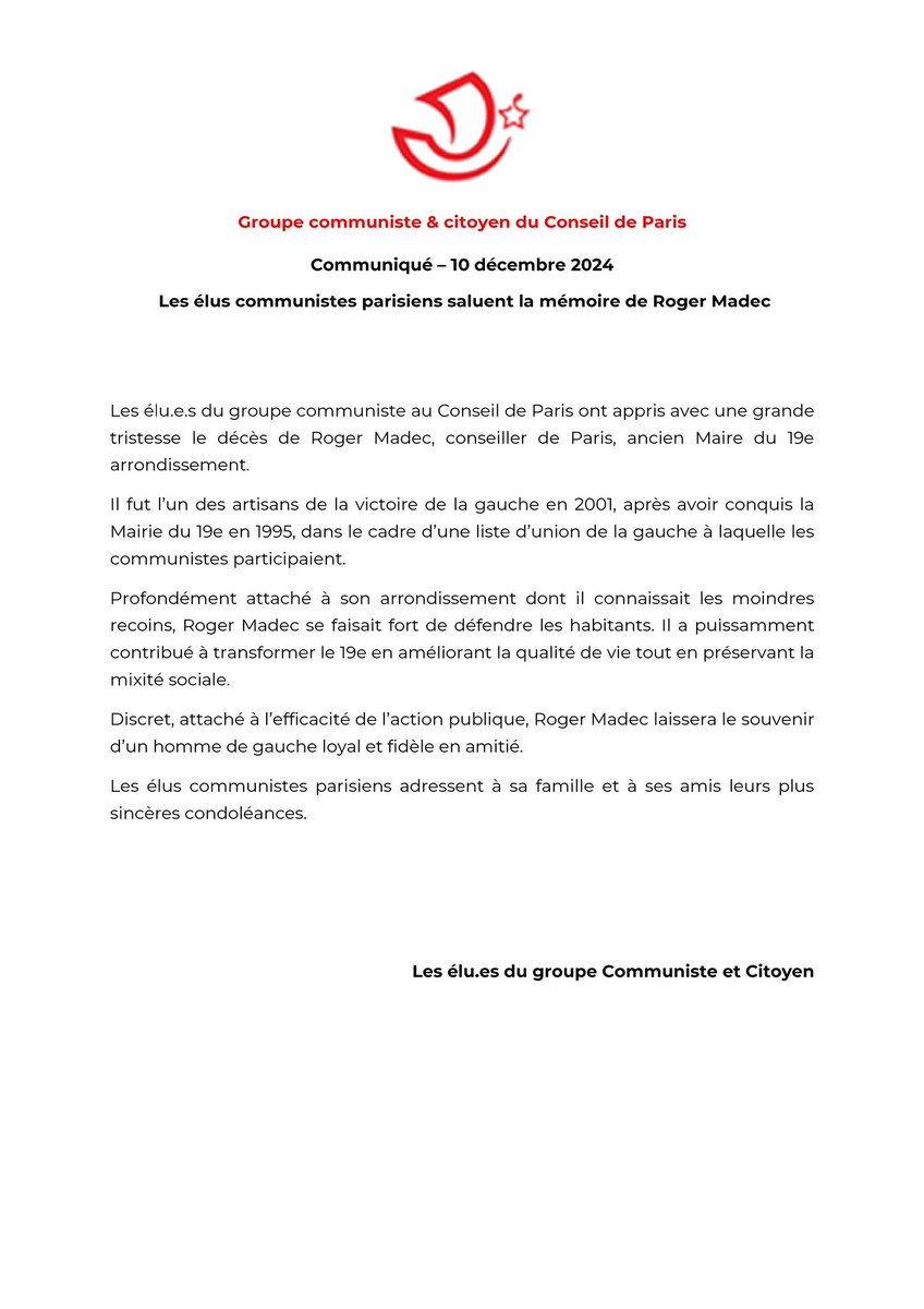 Les élus communistes parisiens saluent la mémoire de Roger Madec et adressent à sa famille ainsi qu’à ses proches leurs plus sincères condoléances.

Notre communiqué ⤵️
