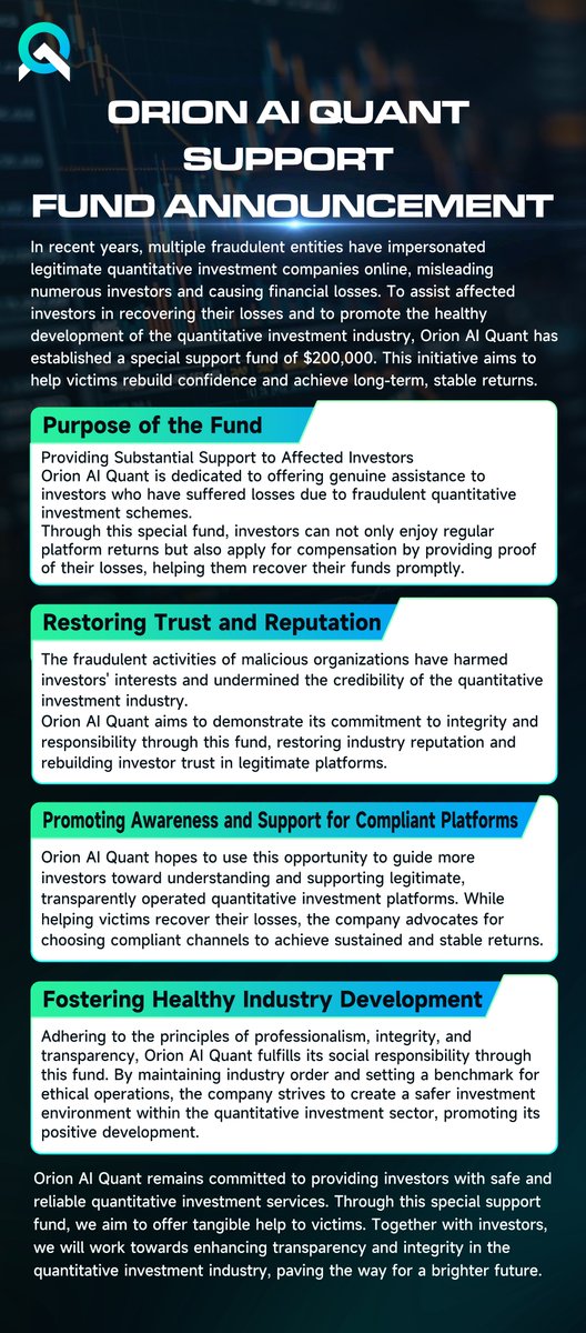 OrionAIQuant's tweet photo. Orion AI Quant Support Fund Announcement https://t.co/6nZJGgHZgw