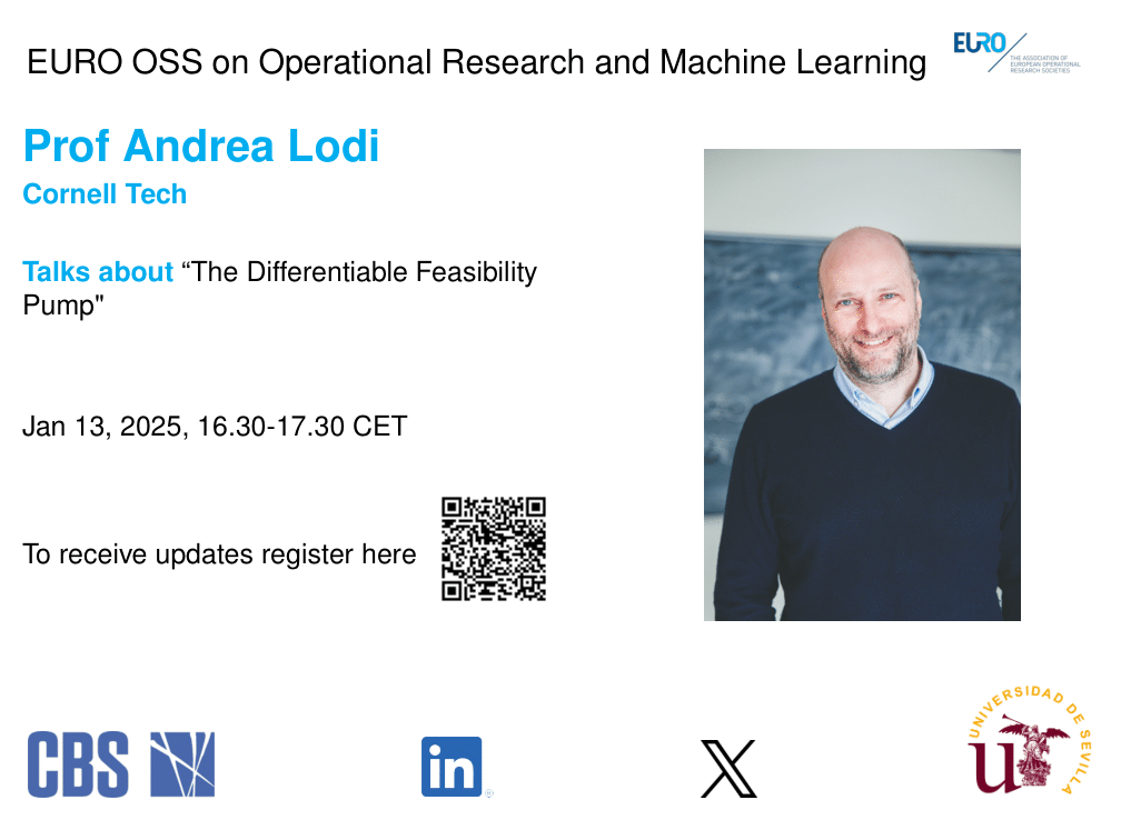 euroorml (@euroorml) on Twitter photo Best Wishes for 2⃣0⃣2⃣5⃣!
Next talk @ EURO OSS on Operational Research and Machine Learning, an activity of @EUROonline_News, branding the role of #orms in #AI
🗓️ Jan 13, 2025, 16.30-17.30 CET
🗣️ Prof A. Lodi, <a href="/69alodi/">Andrea Lodi</a>
💻 Register at forms.gle/YWLb6EPKRQnQer… to receive link Best Wishes for 2⃣0⃣2⃣5⃣!
Next talk @ EURO OSS on Operational Research and Machine Learning, an activity of @EUROonline_News, branding the role of #orms in #AI
🗓️ Jan 13, 2025, 16.30-17.30 CET
🗣️ Prof A. Lodi, <a href="/69alodi/">Andrea Lodi</a>
💻 Register at forms.gle/YWLb6EPKRQnQer… to receive link