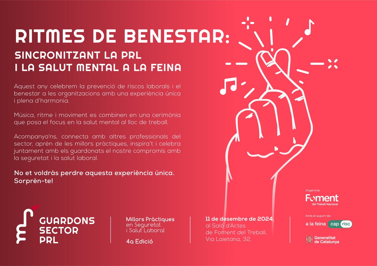 Demà estarem presents la 4a edició dels Guardorns del sector #PRL - Millors Pràctiques en Seguretat i #SalutLaboral.  <a href="/FomentTreball/">Foment del Treball Nacional</a> <a href="/FOMENTPRL/">Oficina PRL Foment</a> <a href="/treballcat/">Treball</a> <a href="/alafeinacaprisc/">A la feina cap risc</a> 

#BenestarLaboral