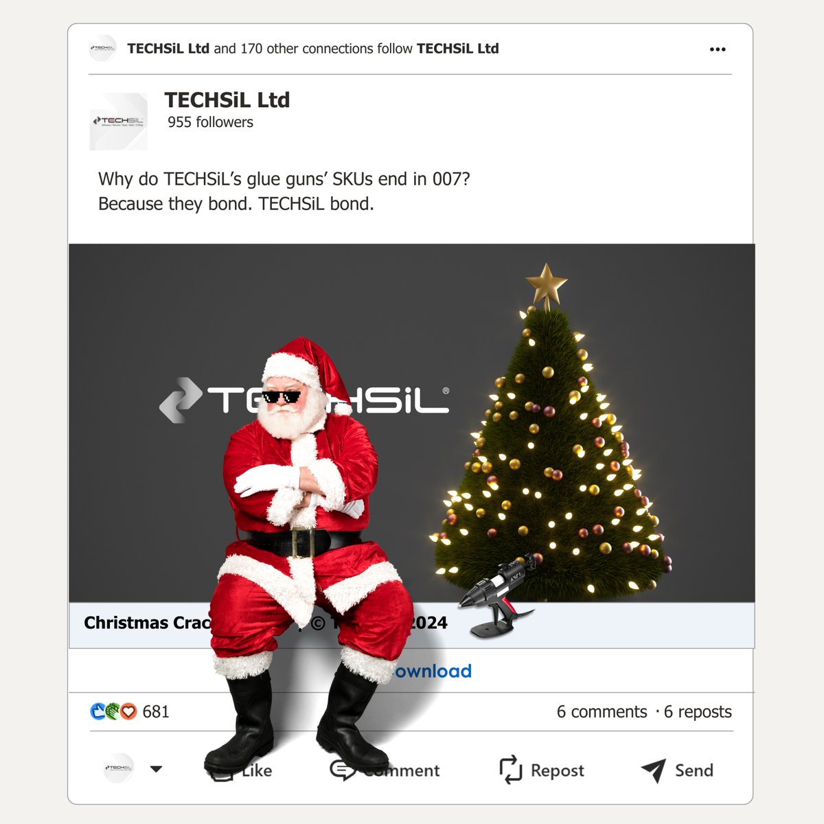 Techsil's tweet photo. Why do TECHSiL’s glue guns’ SKUs end in 007?
Because they bond. TECHSiL bond.

🌐https://t.co/ahXs9xccNT

#christmacountdown #TECHSiL #christmasjokes https://t.co/iLr8zzp2We