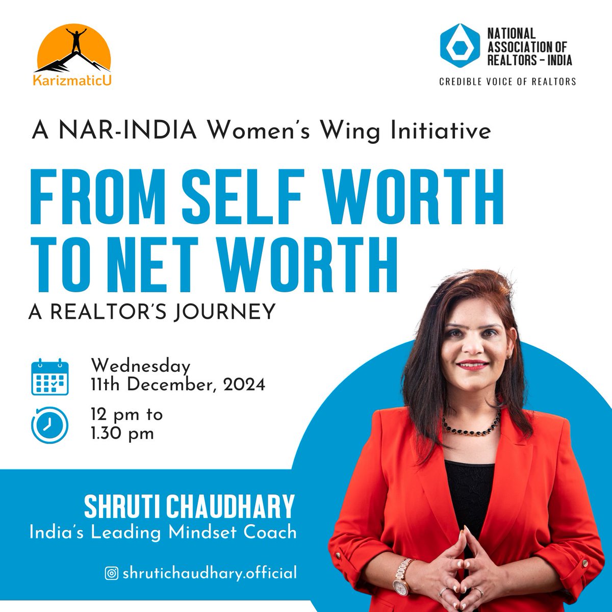 National Association of Realtors-India (@narindiatweets) on Twitter photo Join us on 11th Dec, 12 PM with Shruti Chaudhary, TEDx Speaker & Coach, discover how self-esteem fuels success and why women should take a career as a Realtor.
A NAR-INDIA Women’s Wing Initiative!
Con: Ms. Sarla Menon
Chairperson, NAR-INDIA Women’s Wing
womenwings@narindia.com Join us on 11th Dec, 12 PM with Shruti Chaudhary, TEDx Speaker & Coach, discover how self-esteem fuels success and why women should take a career as a Realtor.
A NAR-INDIA Women’s Wing Initiative!
Con: Ms. Sarla Menon
Chairperson, NAR-INDIA Women’s Wing
womenwings@narindia.com
