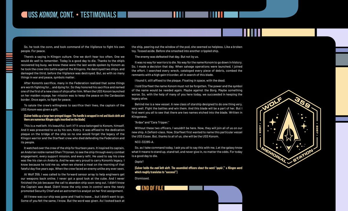 #TrekTuesday which means its #FightingshipsofWolf359 time! and this week we have the USS Konom, Many readers of the book still have not forgiven me for the fate of poor Ardax (most notably @LariaHoD). This weeks entry was written by Stephen Near